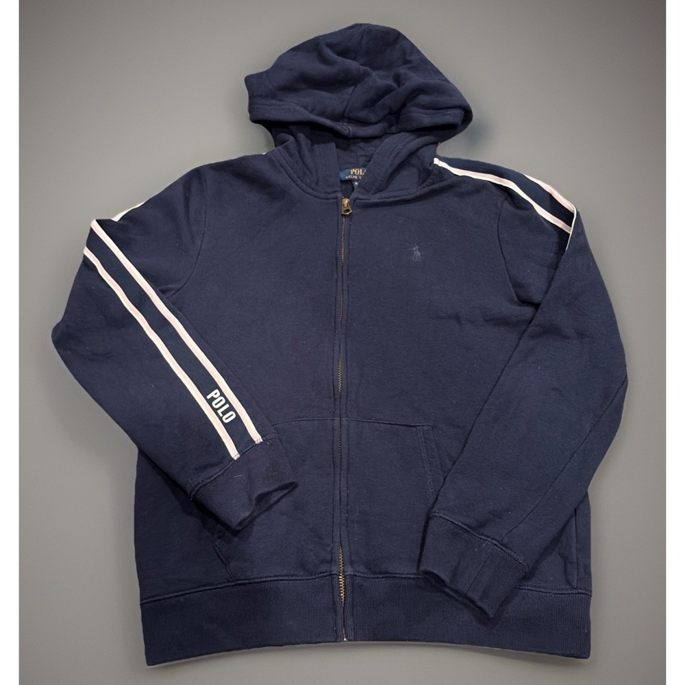 Kids' Ralph Lauren Polo Navy Pony Striped Fleece Full Zip Hoodie Size 16 Classic